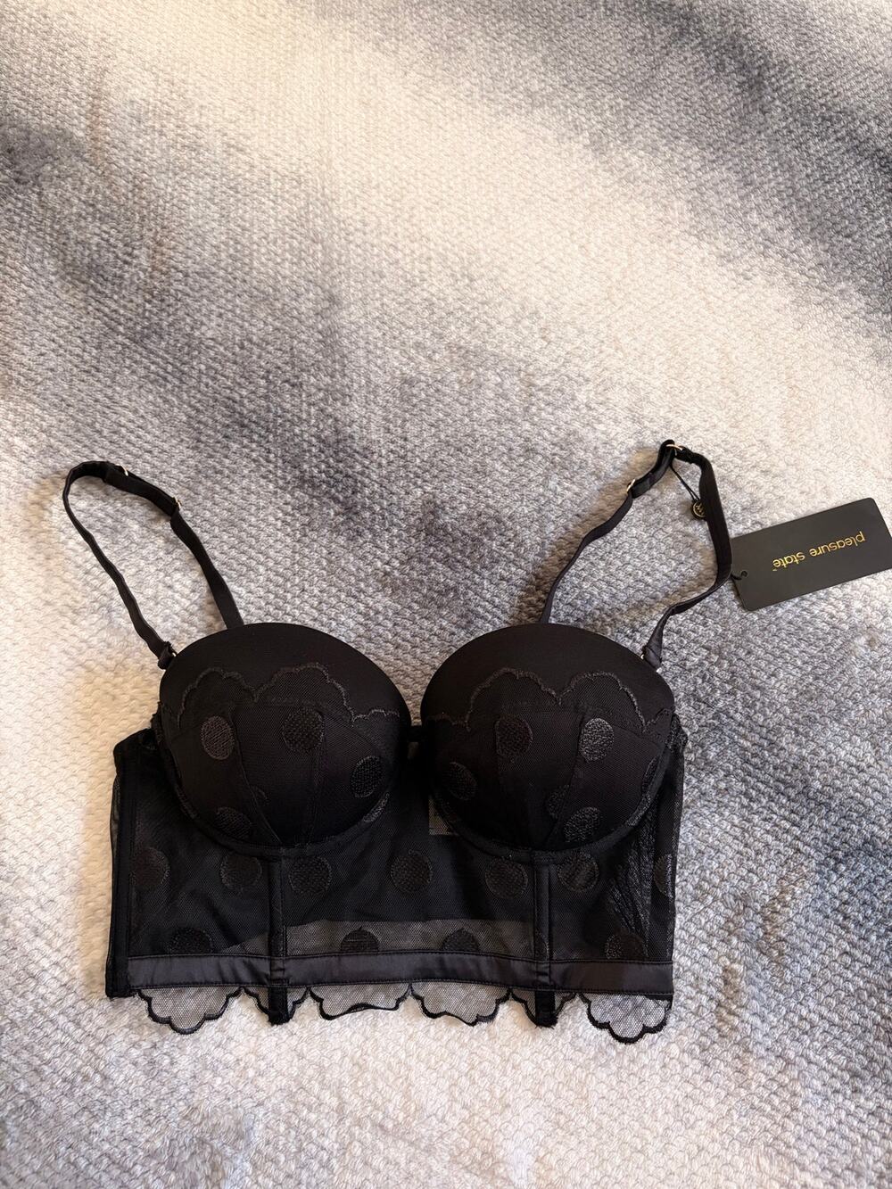 Pleasure State Constance Black Lace Longline Polka Dot Underwire Padded Bra 34B